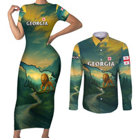 Georgia Couples Matching Short Sleeve Bodycon Dress and Long Sleeve Button Shirt with Green Mountain Landscape with Map Outline Lion and Legends Rise Quote Design - Wonder Print Shop