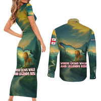 Georgia Couples Matching Short Sleeve Bodycon Dress and Long Sleeve Button Shirt with Green Mountain Landscape with Map Outline Lion and Legends Rise Quote Design - Wonder Print Shop