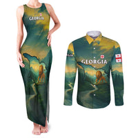 Georgia Couples Matching Tank Maxi Dress and Long Sleeve Button Shirt with Green Mountain Landscape with Map Outline Lion and Legends Rise Quote Design - Wonder Print Shop