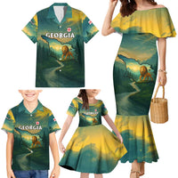 Georgia Family Matching Mermaid Dress and Hawaiian Shirt with Green Mountain Landscape with Map Outline Lion and Legends Rise Quote Design - Wonder Print Shop