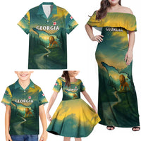 Georgia Family Matching Off Shoulder Maxi Dress and Hawaiian Shirt with Green Mountain Landscape with Map Outline Lion and Legends Rise Quote Design - Wonder Print Shop