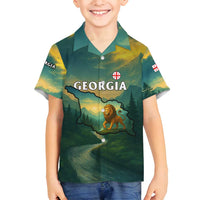 Georgia Family Matching Off Shoulder Maxi Dress and Hawaiian Shirt with Green Mountain Landscape with Map Outline Lion and Legends Rise Quote Design - Wonder Print Shop