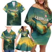 Georgia Family Matching Off Shoulder Short Dress and Hawaiian Shirt with Green Mountain Landscape with Map Outline Lion and Legends Rise Quote Design - Wonder Print Shop