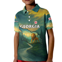 Georgia Kid Polo Shirt with Green Mountain Landscape with Map Outline Lion and Legends Rise Quote Design - Wonder Print Shop
