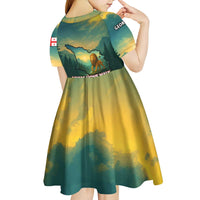 Georgia Kid Short Sleeve Dress with Green Mountain Landscape with Map Outline Lion and Legends Rise Quote Design - Wonder Print Shop