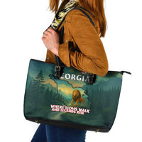 Georgia Leather Tote Bag with Green Mountain Landscape with Map Outline Lion and Legends Rise Quote Design - Wonder Print Shop