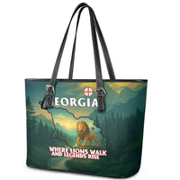 Georgia Leather Tote Bag with Green Mountain Landscape with Map Outline Lion and Legends Rise Quote Design - Wonder Print Shop