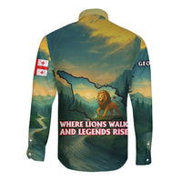 Georgia Long Sleeve Button Shirt with Green Mountain Landscape with Map Outline Lion and Legends Rise Quote Design - Wonder Print Shop