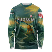 Georgia Long Sleeve Shirt with Green Mountain Landscape with Map Outline Lion and Legends Rise Quote Design - Wonder Print Shop