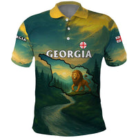 Georgia Polo Shirt with Green Mountain Landscape with Map Outline Lion and Legends Rise Quote Design - Wonder Print Shop