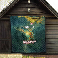 Georgia Quilt with Green Mountain Landscape with Map Outline Lion and Legends Rise Quote Design - Wonder Print Shop