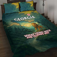 Georgia Quilt Bed Set with Green Mountain Landscape with Map Outline Lion and Legends Rise Quote Design - Wonder Print Shop