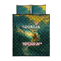 Georgia Quilt Bed Set with Green Mountain Landscape with Map Outline Lion and Legends Rise Quote Design - Wonder Print Shop