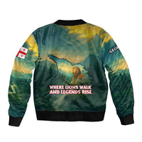 Georgia Sleeve Zip Bomber Jacket with Green Mountain Landscape with Map Outline Lion and Legends Rise Quote Design - Wonder Print Shop