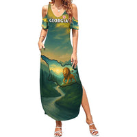 Georgia Summer Maxi Dress with Green Mountain Landscape with Map Outline Lion and Legends Rise Quote Design - Wonder Print Shop