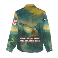 Georgia Women Casual Shirt with Green Mountain Landscape with Map Outline Lion and Legends Rise Quote Design - Wonder Print Shop