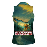 Georgia Women Sleeveless Polo Shirt with Green Mountain Landscape with Map Outline Lion and Legends Rise Quote Design - Wonder Print Shop