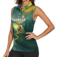 Georgia Women Sleeveless Polo Shirt with Green Mountain Landscape with Map Outline Lion and Legends Rise Quote Design - Wonder Print Shop