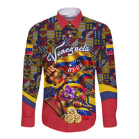 Venezuela Flag Day Patriotism Long Sleeve Button Shirt Heritage Flag Jaguar Traditional Instruments