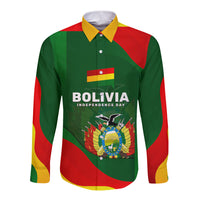 Bolivia Independence Day Long Sleeve Button Shirt Coat Of Arms Libre Y Soberana Heritage Art Broken Chains