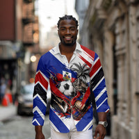 Haiti World Football Mondyal 2026 Long Sleeve Button Shirt Pride Ayiti Caribbean Culture Patriotic Crest