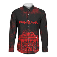 Personalized Pennsylvania Philadelphia Museum Of Art Long Sleeve Button Shirt Red Grunge Paint Splatter Graphic