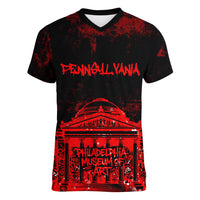Personalized Pennsylvania Philadelphia Museum Of Art Women V-Neck T-Shirt Red Grunge Paint Splatter Graphic