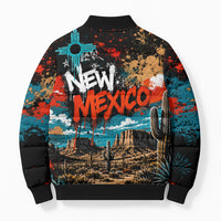 New Mexico Desert Road Sign Bomber Puffer Jacket Zia Symbol Grunge Paint Splatter Travel Graphic
