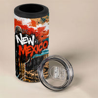 New Mexico Desert Road Sign 4 in 1 Can Cooler Tumbler Zia Symbol Grunge Paint Splatter Travel Graphic