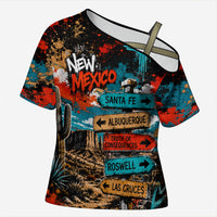 New Mexico Desert Road Sign Cross Shoulder Shirt Zia Symbol Grunge Paint Splatter Travel Graphic