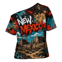 New Mexico Desert Road Sign Cross Shoulder Shirt Zia Symbol Grunge Paint Splatter Travel Graphic