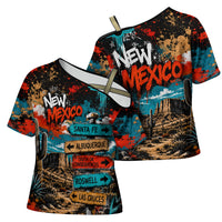 New Mexico Desert Road Sign Cross Shoulder Shirt Zia Symbol Grunge Paint Splatter Travel Graphic