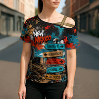 New Mexico Desert Road Sign Cross Shoulder Shirt Zia Symbol Grunge Paint Splatter Travel Graphic