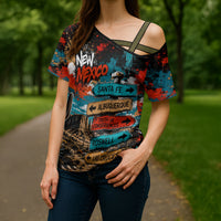 New Mexico Desert Road Sign Cross Shoulder Shirt Zia Symbol Grunge Paint Splatter Travel Graphic