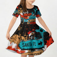 New Mexico Desert Road Sign Kid Short Sleeve Dress Zia Symbol Grunge Paint Splatter Travel Graphic