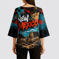 New Mexico Desert Road Sign Kimono Sleeve Blouse Zia Symbol Grunge Paint Splatter Travel Graphic