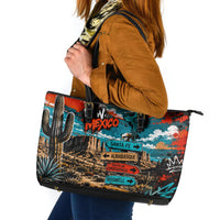 New Mexico Desert Road Sign Leather Tote Bag Zia Symbol Grunge Paint Splatter Travel Graphic