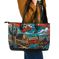 New Mexico Desert Road Sign Leather Tote Bag Zia Symbol Grunge Paint Splatter Travel Graphic