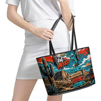 New Mexico Desert Road Sign Leather Tote Bag Zia Symbol Grunge Paint Splatter Travel Graphic