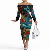 New Mexico Desert Road Sign Off The Shoulder Long Sleeve Dress Zia Symbol Grunge Paint Splatter Travel Graphic
