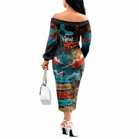 New Mexico Desert Road Sign Off The Shoulder Long Sleeve Dress Zia Symbol Grunge Paint Splatter Travel Graphic