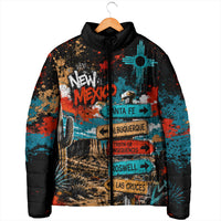 New Mexico Desert Road Sign Padded Jacket Zia Symbol Grunge Paint Splatter Travel Graphic