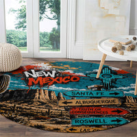 New Mexico Desert Road Sign Round Carpet Zia Symbol Grunge Paint Splatter Travel Graphic