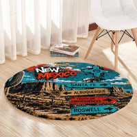 New Mexico Desert Road Sign Round Carpet Zia Symbol Grunge Paint Splatter Travel Graphic