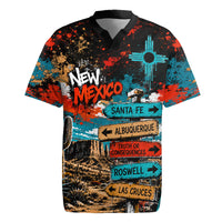 New Mexico Desert Road Sign Rugby Jersey Zia Symbol Grunge Paint Splatter Travel Graphic