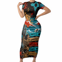 New Mexico Desert Road Sign Short Sleeve Bodycon Dress Zia Symbol Grunge Paint Splatter Travel Graphic