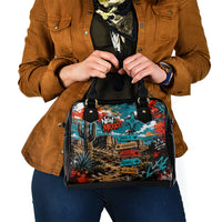 New Mexico Desert Road Sign Shoulder Handbag Zia Symbol Grunge Paint Splatter Travel Graphic