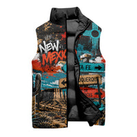 New Mexico Desert Road Sign Sleeveless Puffer Jacket Zia Symbol Grunge Paint Splatter Travel Graphic
