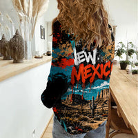 New Mexico Desert Road Sign Women Casual Shirt Zia Symbol Grunge Paint Splatter Travel Graphic