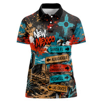 New Mexico Desert Road Sign Women Polo Shirt Zia Symbol Grunge Paint Splatter Travel Graphic